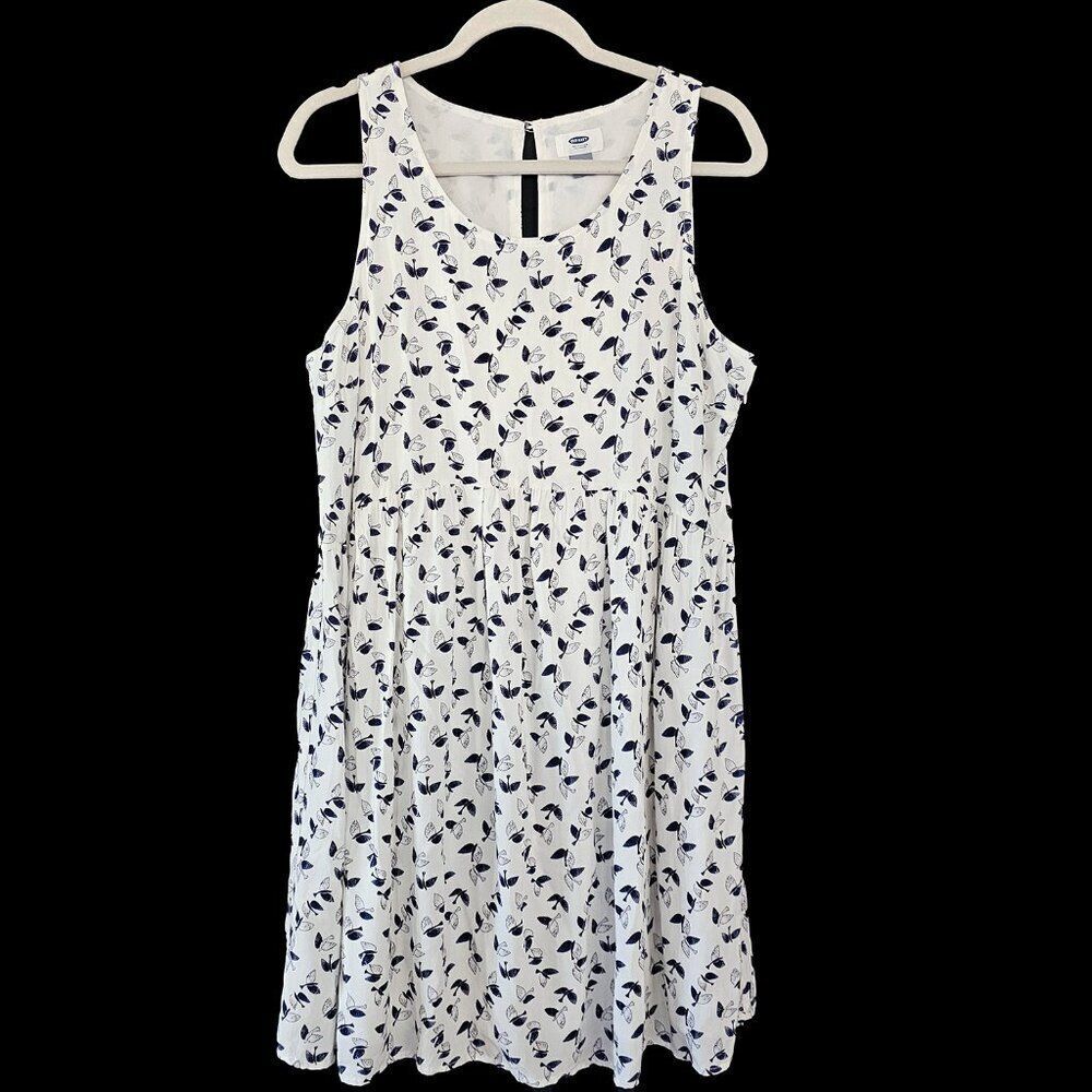 Old Navy Large White and Dark Blue Bird Pattern Sun Dress Baby Doll